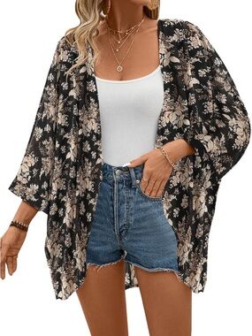 Floral Kimono Cardigan in Black and Cream
